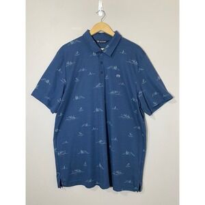 Travis Mathew Mens XXL Blue Fishing Boat Mountain Print Pima‎ Cotton Polo Shirt